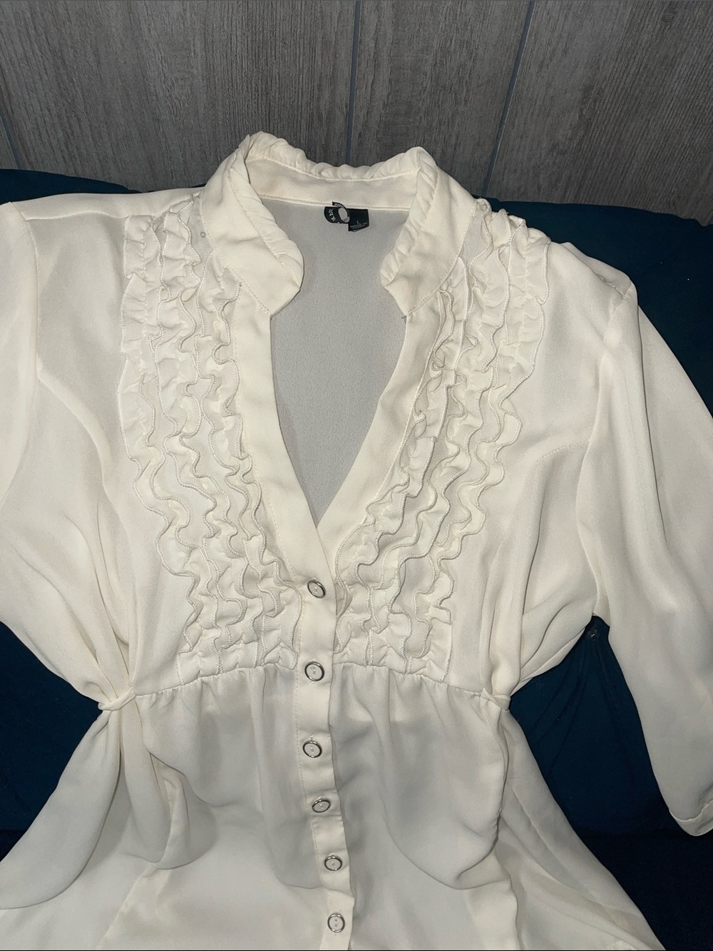 Women's Cream Ruffle-Front Button Blouse - Picture 2 of 5
